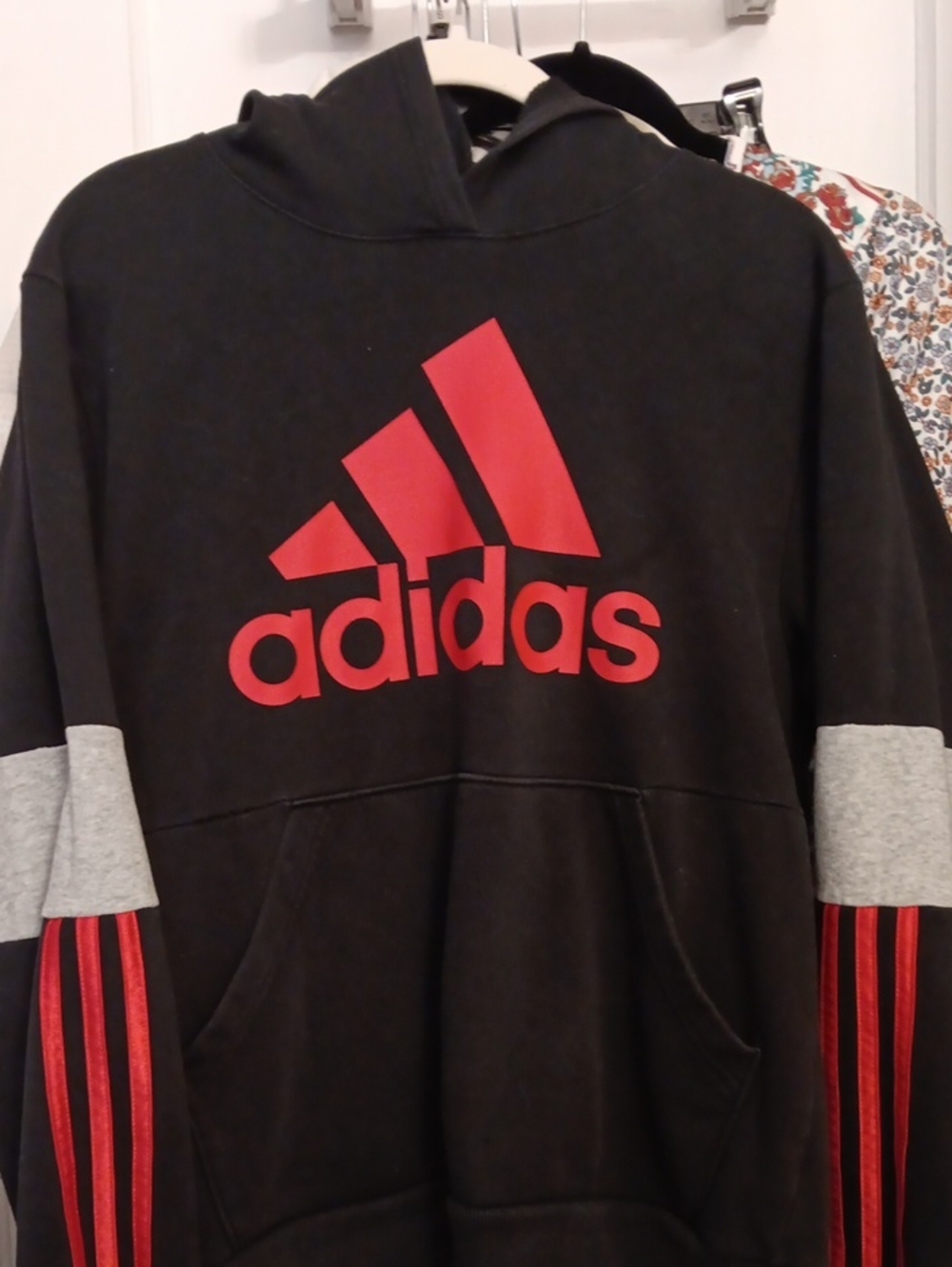 Adidas Black Crewneck Sweatshirt with Red Logo and Gray Stripe Accent On Sleeves
